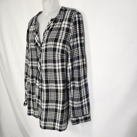 Talbots Women Top Medium Black White Plaid Popover Split Neck Long Sleeve Blouse - Picture 5 of 13